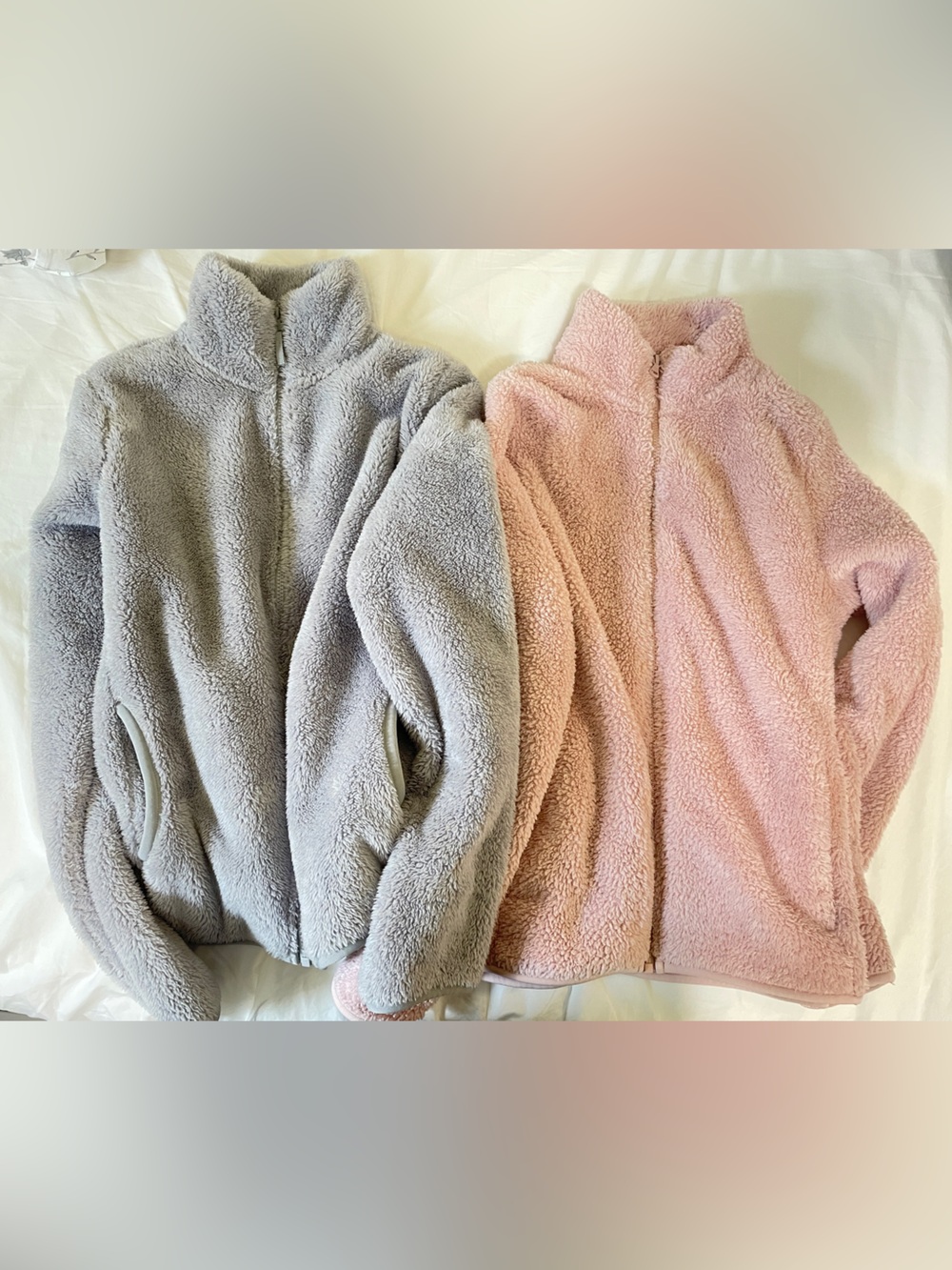[2 Items] Uniqlo Fluffy Yarn Sherpa Teddy Jacket in Gray & Pink